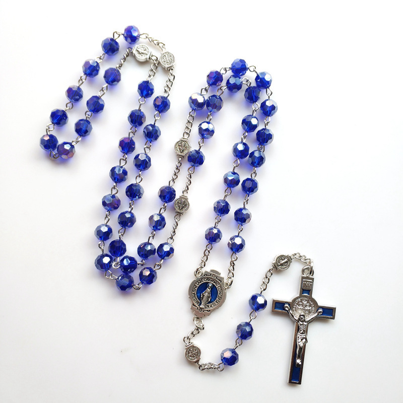 2023 New Customized Religious Jewelry Items Catholic Virgin Mary Chain Rosary 6Mm Blue Glass Pearl Beads Women Necklaces /