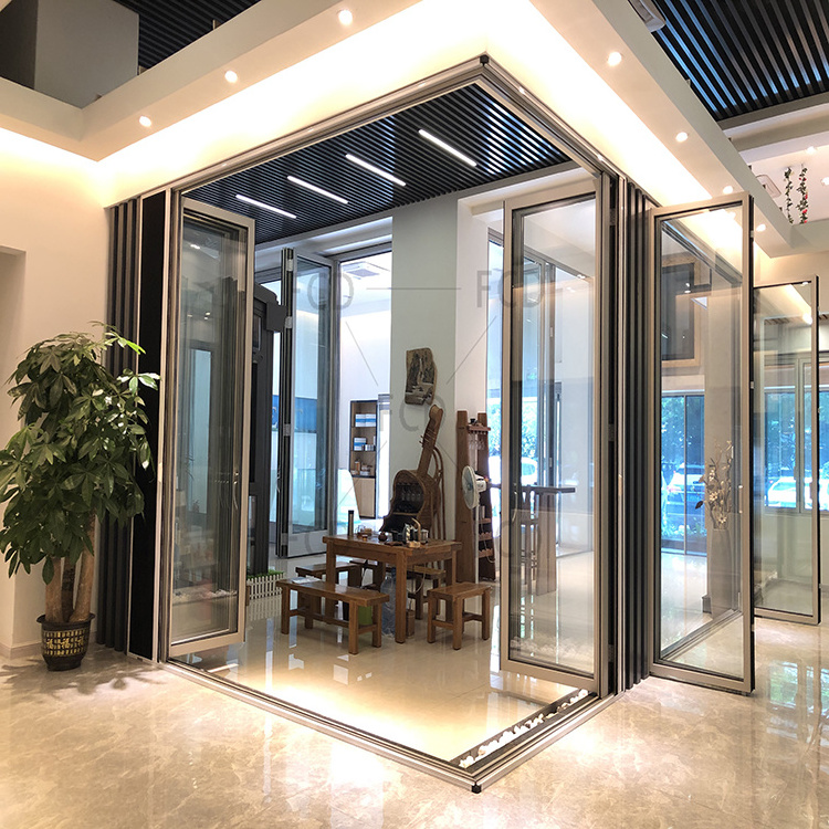 Balcony Villa Patio Customizable Narrow Frame Frameless Wood Grain Design Aluminum Bifold Accordion Sliding Glass Folding Door