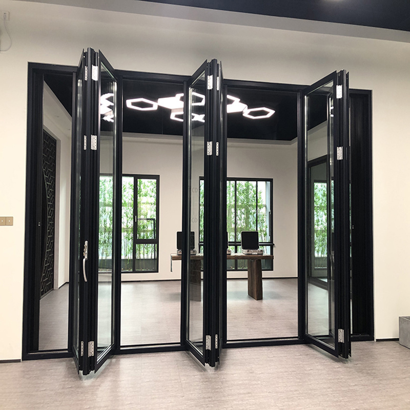 Balcony Villa Patio Customizable Narrow Frame Frameless Wood Grain Design Aluminum Bifold Accordion Sliding Glass Folding Door