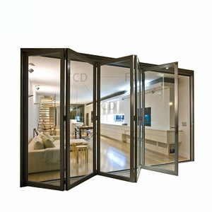 Balcony Villa Patio Customizable Narrow Frame Frameless Wood Grain Design Aluminum Bifold Accordion Sliding Glass Folding Door