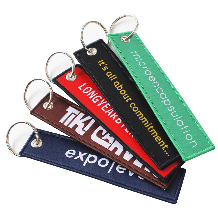 Low price sublimation woven Lanyard wristlet Key Tag holder custom Fabric Embroidered Keychain with wholesale