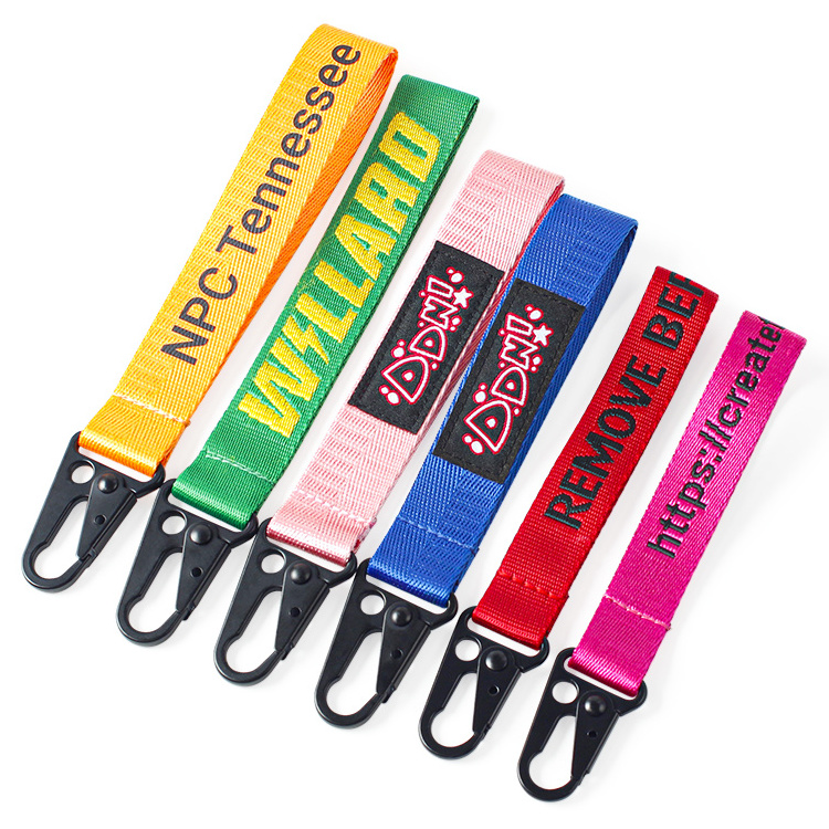 Low price sublimation woven Lanyard wristlet Key Tag holder custom Fabric Embroidered Keychain with wholesale