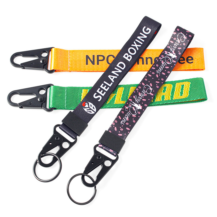 Low price sublimation woven Lanyard wristlet Key Tag holder custom Fabric Embroidered Keychain with wholesale