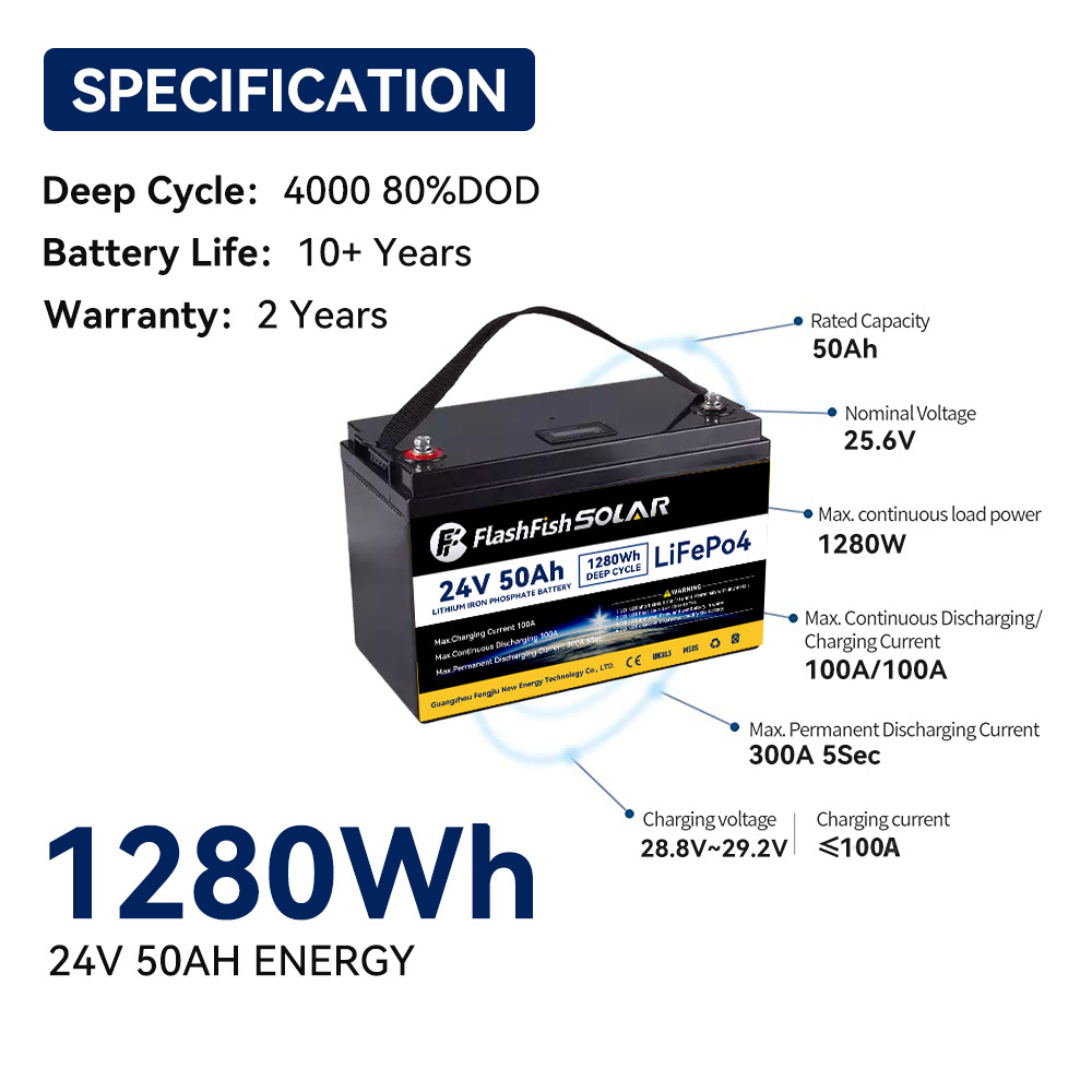 24 V Volt 50 A AH 1280Wh LiFePo4 Battery High Current Deep Cycle 6000+ Rechargeable 24V 50Ah Lithium Iron Lifepo4 Battery Pack