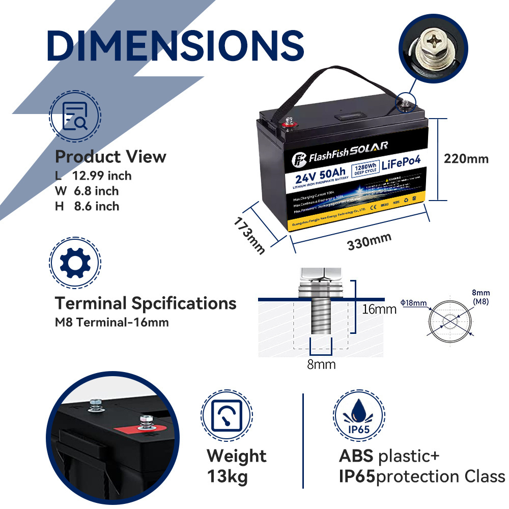 24 V Volt 50 A AH 1280Wh LiFePo4 Battery High Current Deep Cycle 6000+ Rechargeable 24V 50Ah Lithium Iron Lifepo4 Battery Pack