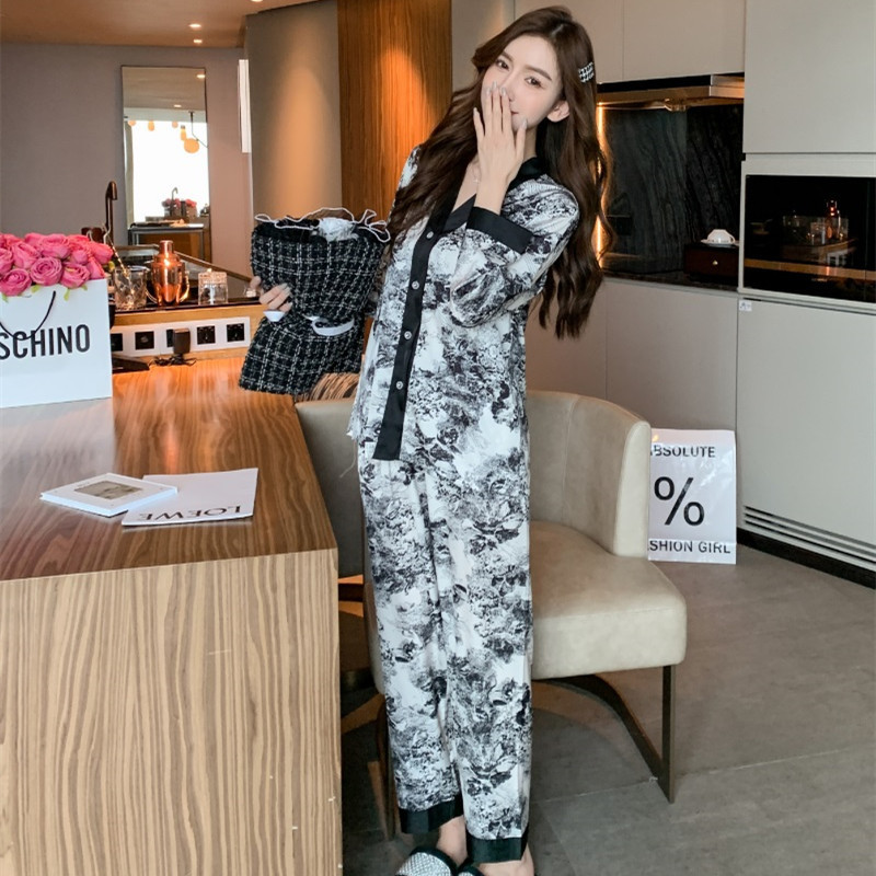 Spring nighty designs women's silk pajamas long sleeve cardigan set Printed V-neck open button nightgown plus-size sleepwear