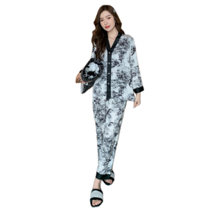 Spring nighty designs women's silk pajamas long sleeve cardigan set Printed V-neck open button nightgown plus-size sleepwear