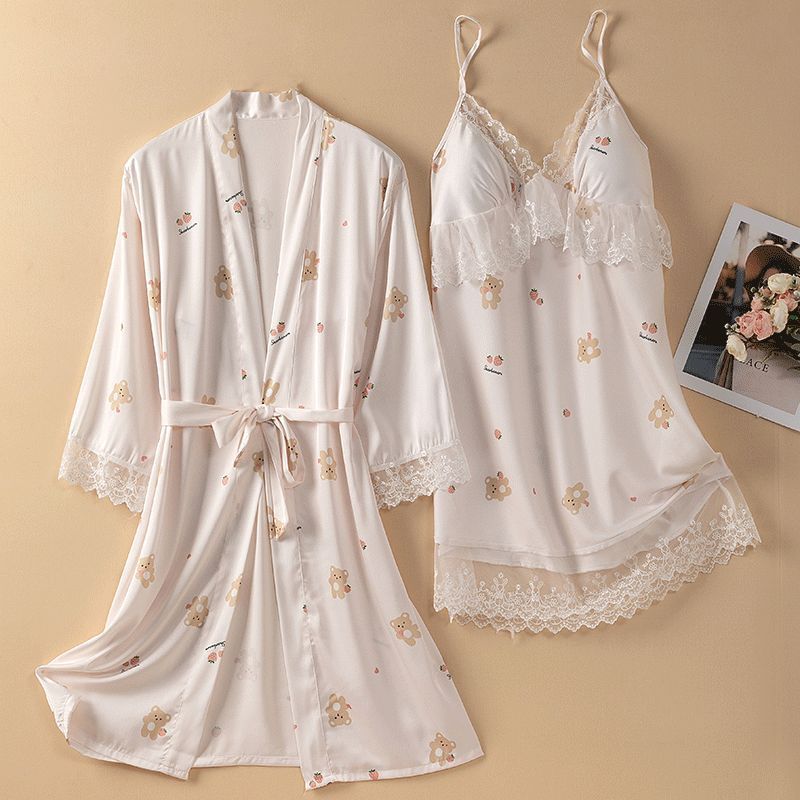 Women's sexy silk pajamas Summer silk lace halter breast padded nightdress cartoon print satin long sleeve two-piece sleepwear