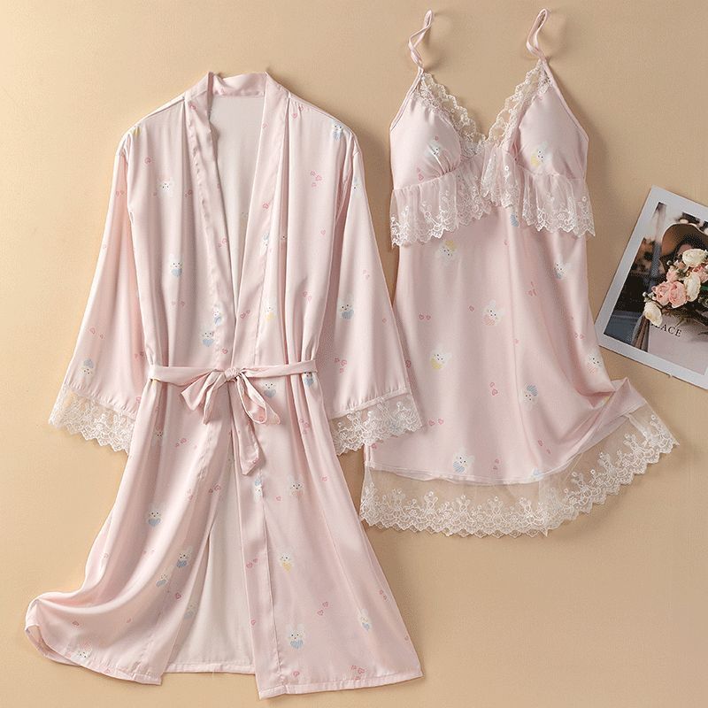 Women's sexy silk pajamas Summer silk lace halter breast padded nightdress cartoon print satin long sleeve two-piece sleepwear