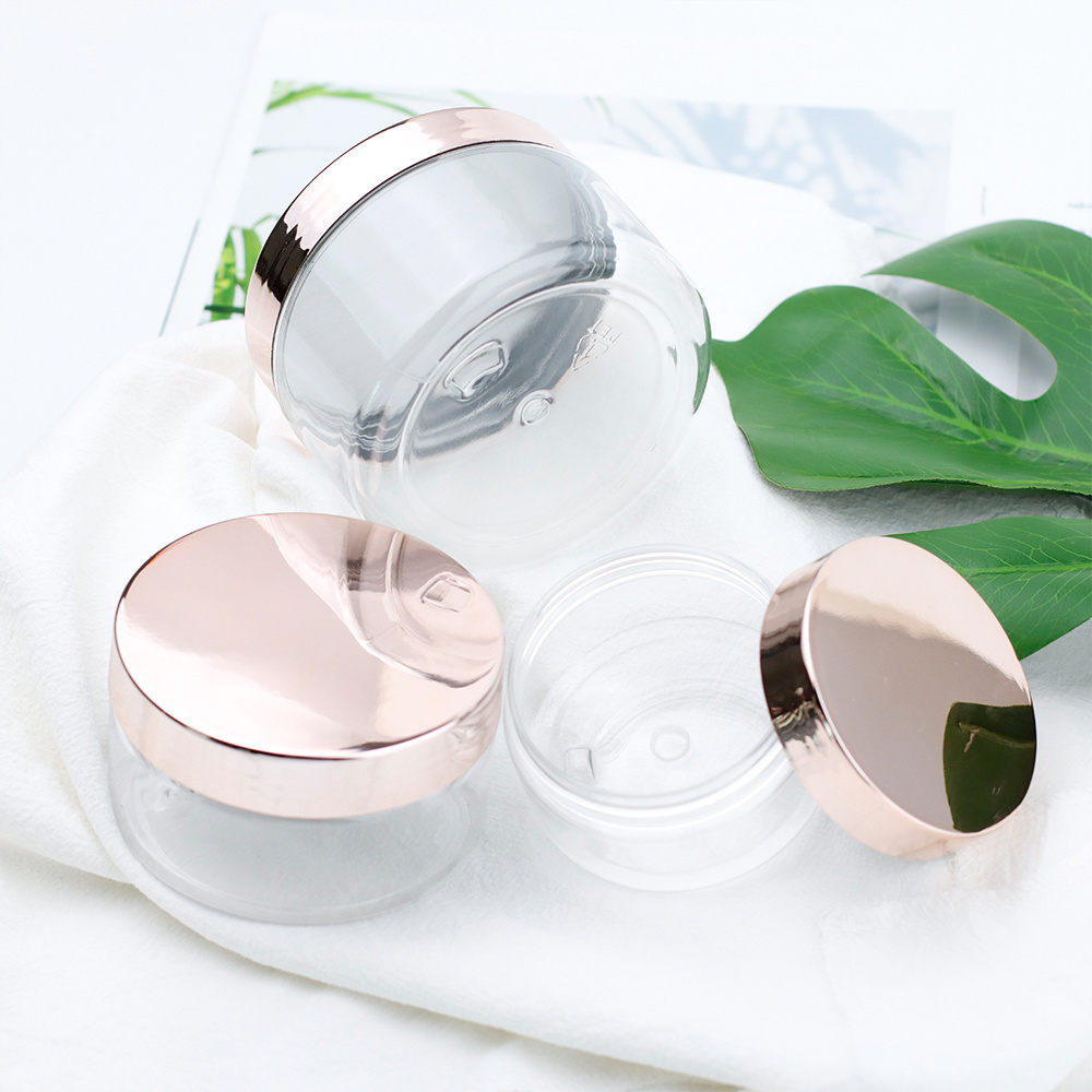 Stock 30ml 100ml 200ml 250ml 500ml Empty PET Plastic Clear Cosmetic Jar for Cream with Rose Gold Lids