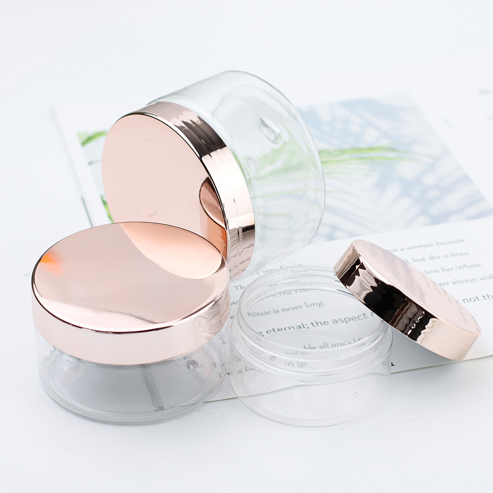 Stock 30ml 100ml 200ml 250ml 500ml Empty PET Plastic Clear Cosmetic Jar for Cream with Rose Gold Lids