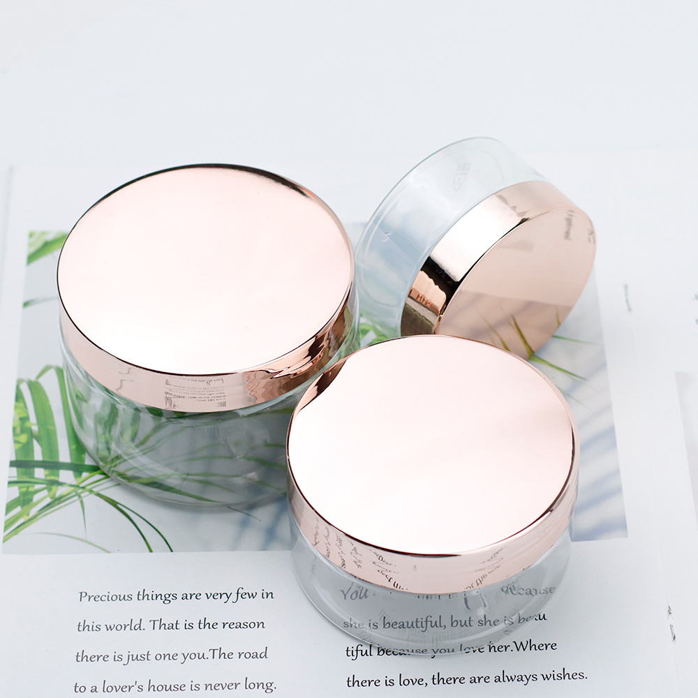 Stock 30ml 100ml 200ml 250ml 500ml Empty PET Plastic Clear Cosmetic Jar for Cream with Rose Gold Lids