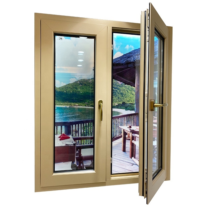 Golden Color Inward Opening Windows Soundproof Residential Casement Aluminum Windows Swing Customized Stainless Steel Horizontal