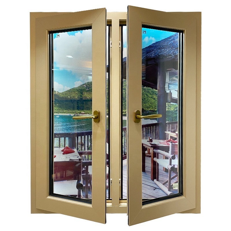 Golden Color Inward Opening Windows Soundproof Residential Casement Aluminum Windows Swing Customized Stainless Steel Horizontal