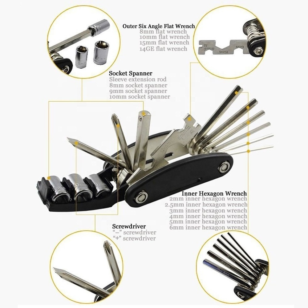 Bicycle Repair Tool Kits 16 in 1 Multifunction Bicycle Mechanic Fix Tools Set Bag with Tire Patch Levers glue 10cc