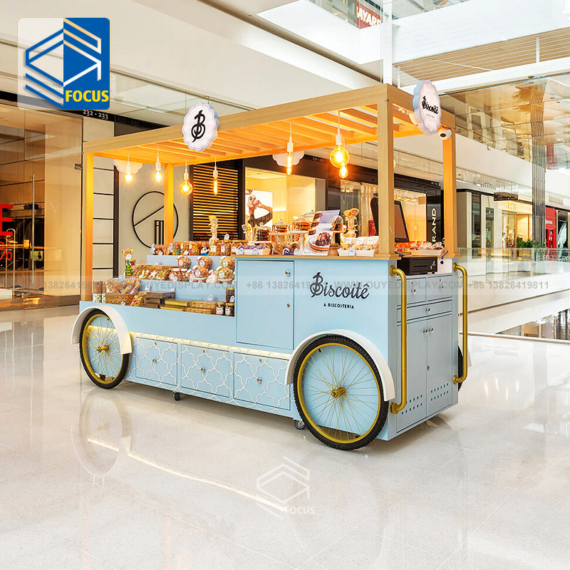 Customized Modern Wood Counter Shopping Mall Mobile Snack Stand Food Candy Cart With Wheels