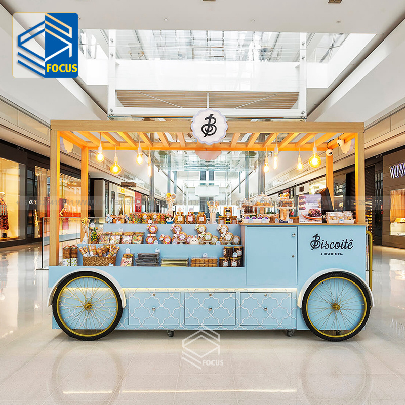 Customized Modern Wood Counter Shopping Mall Mobile Snack Stand Food Candy Cart With Wheels