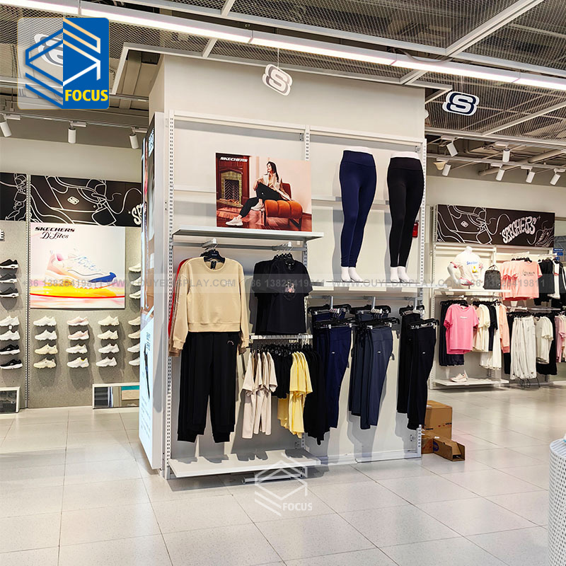 Multi Tiered retail clothing store fixtures white boutique exhibition clothing rack clothing display rack and shelf