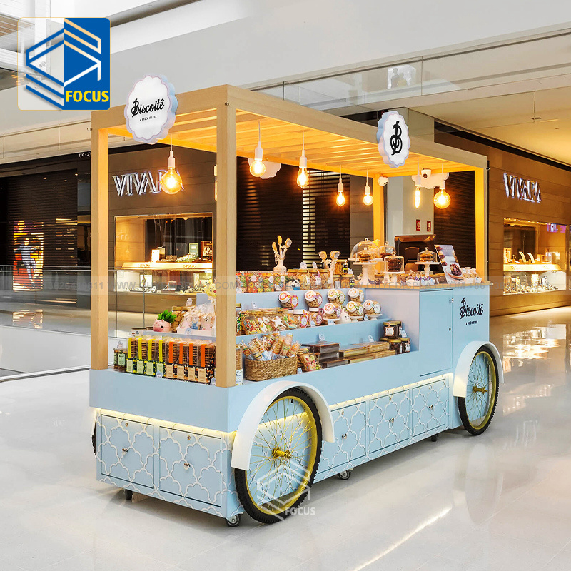 Customized Modern Wood Counter Shopping Mall Mobile Snack Stand Food Candy Cart With Wheels