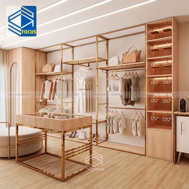 Boutique Shop Interior Design Garment Store Furniture Clothes Shop Display Furniture Gold Clothes Rack For Clothing Store