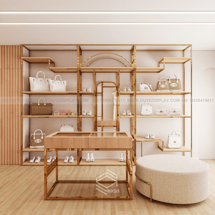 Boutique Shop Interior Design Garment Store Furniture Clothes Shop Display Furniture Gold Clothes Rack For Clothing Store