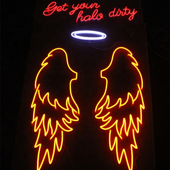 Customized Angel Wings wall backdrop light sign acrylic neon letters Hello Beautiful Neon Signs