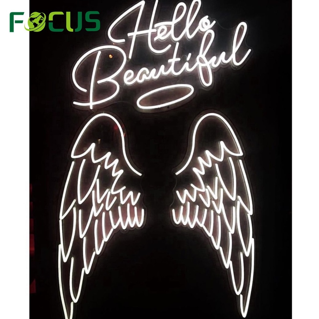 Customized Angel Wings wall backdrop light sign acrylic neon letters Hello Beautiful Neon Signs