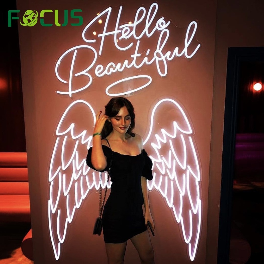 Customized Angel Wings wall backdrop light sign acrylic neon letters Hello Beautiful Neon Signs