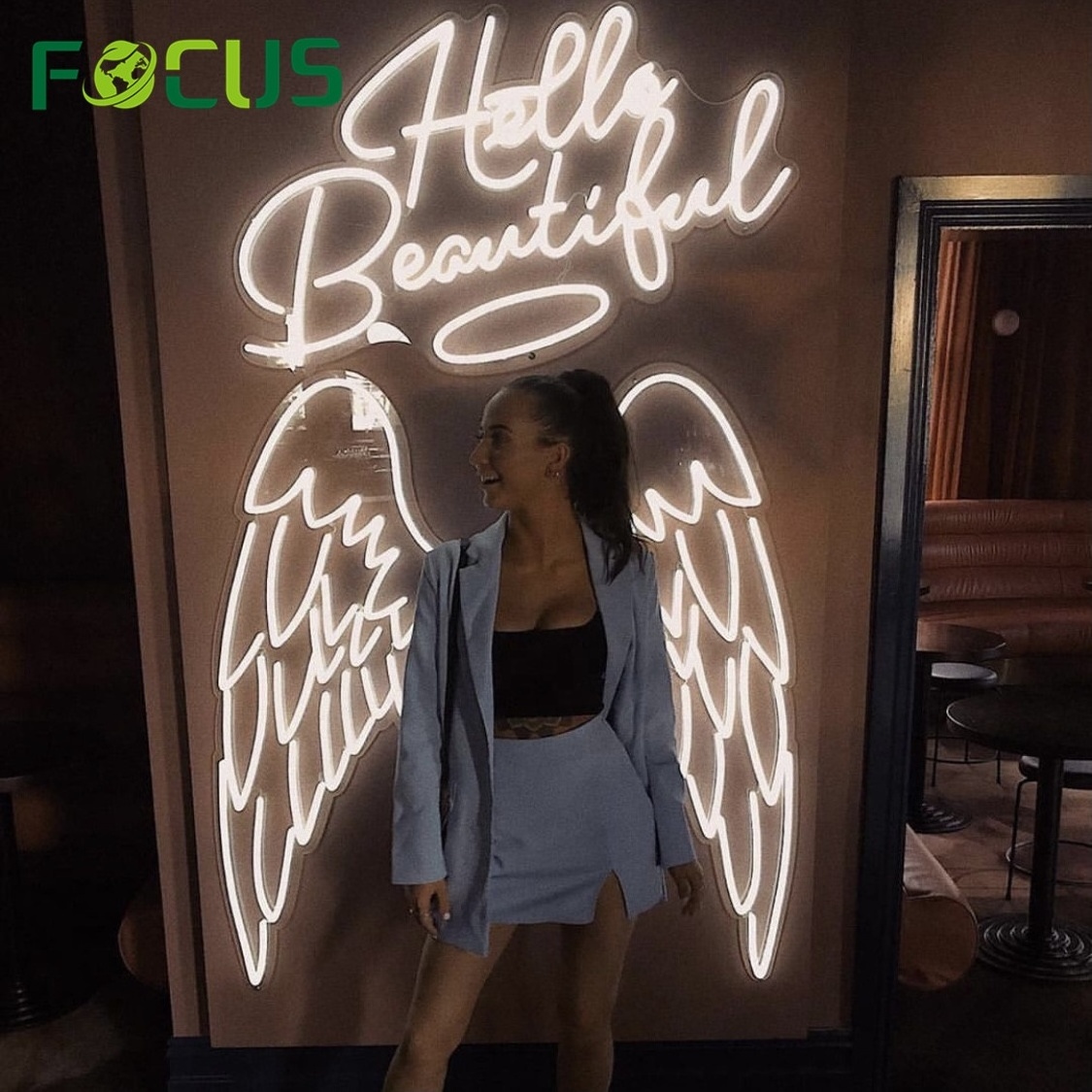 Customized Angel Wings wall backdrop light sign acrylic neon letters Hello Beautiful Neon Signs