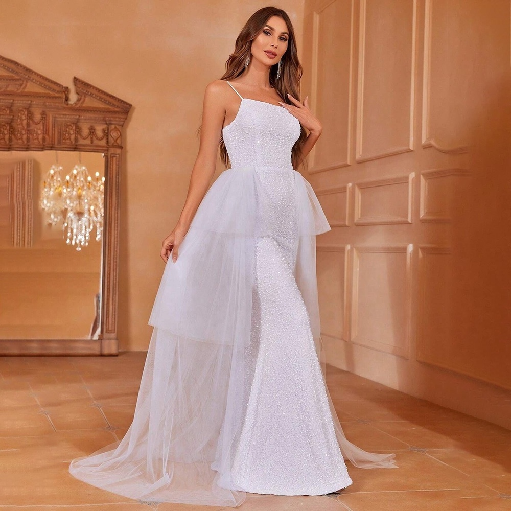 New High Quality Women Prom Wrap Chest Midi Sexy White Party corset Sequined Gossamer Mermaid Africa Sweetheart Evening Dress