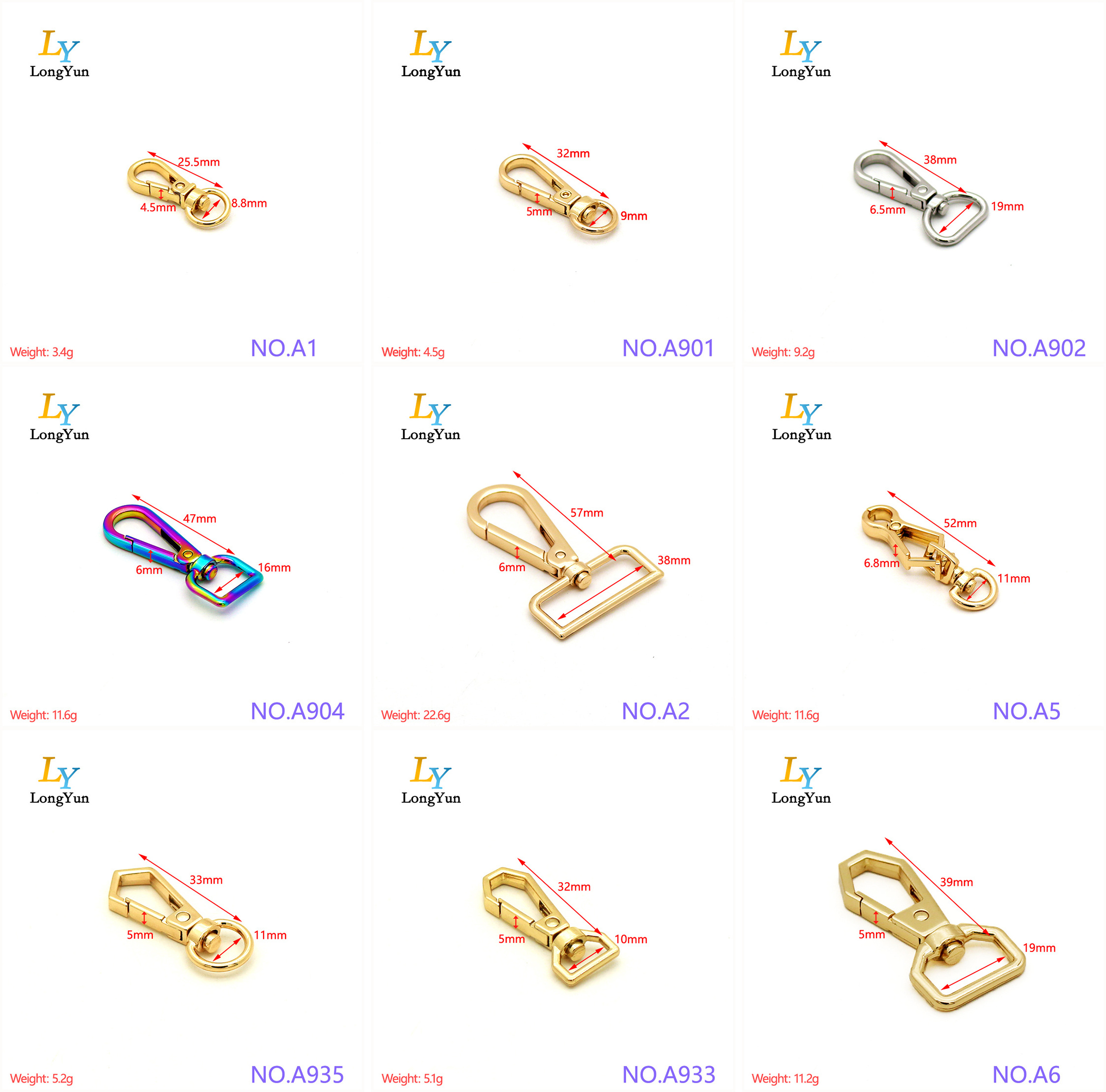 Snap hook catalog guangzhou factory High quality charming bag accessories handbag hardware metal swivel spring snap hook