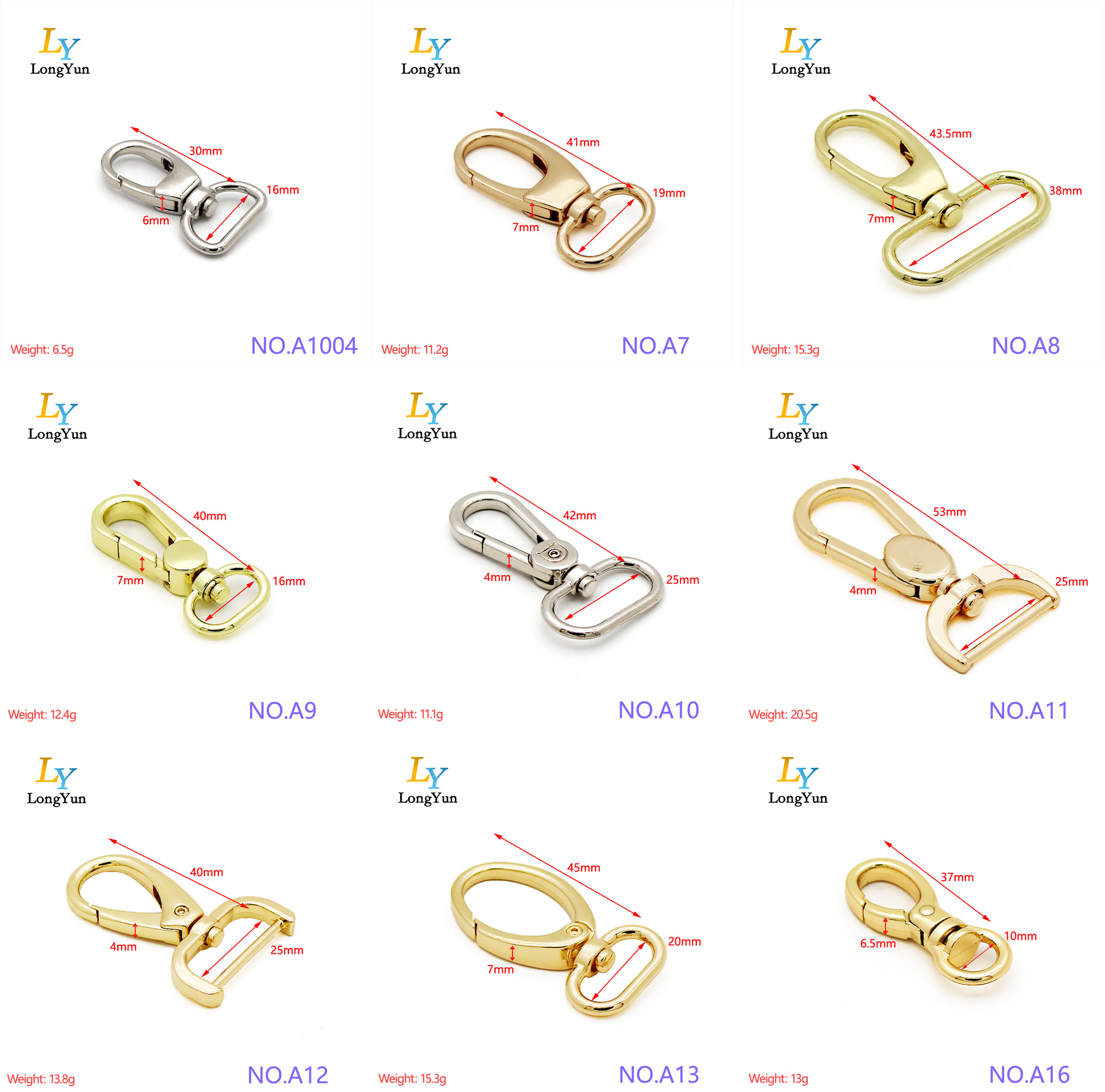 Snap hook catalog guangzhou factory High quality charming bag accessories handbag hardware metal swivel spring snap hook