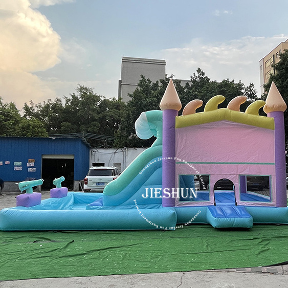 Outdoor summer Waves theme inflatable bouncer combo pastel coloured bouncy castle with pool and water slide for rental