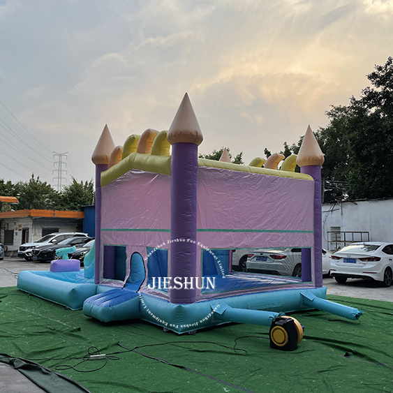 Outdoor summer Waves theme inflatable bouncer combo pastel coloured bouncy castle with pool and water slide for rental