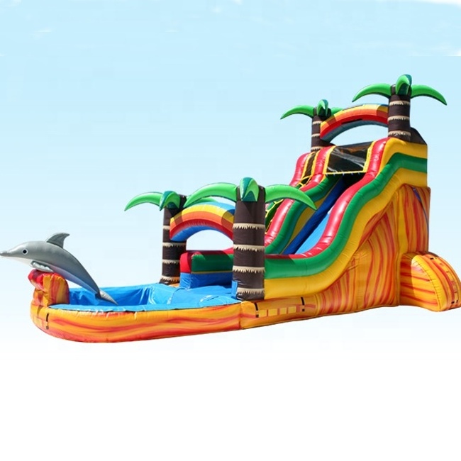 Commercial kids slide double lane tropical palm tree cheap inflatable Water Slide with pool For kids and Adult