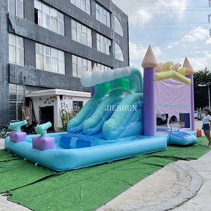 Outdoor summer Waves theme inflatable bouncer combo pastel coloured bouncy castle with pool and water slide for rental