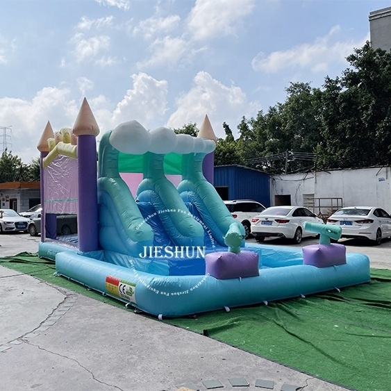 Outdoor summer Waves theme inflatable bouncer combo pastel coloured bouncy castle with pool and water slide for rental