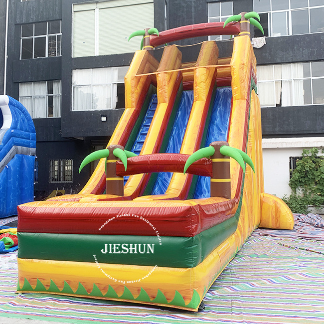 Hot selling  23 ft high double lanes tropical palm tree inflatable slide for kids and adults