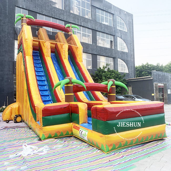 Hot selling  23 ft high double lanes tropical palm tree inflatable slide for kids and adults