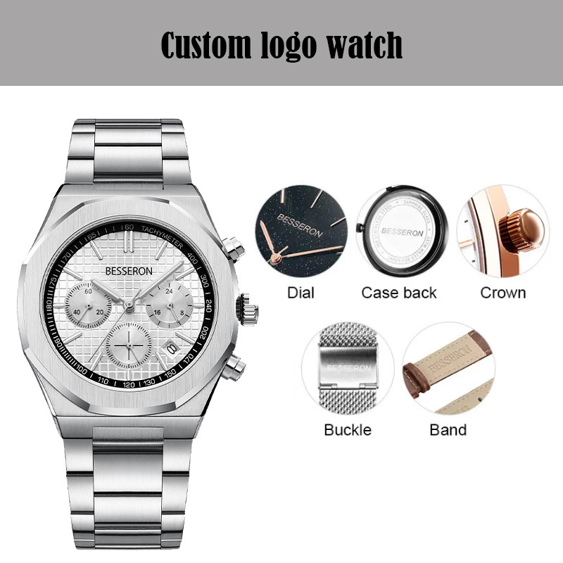 Custom logo watch fashion designs oem logo sport stainless steel chronograph watches for men luxury