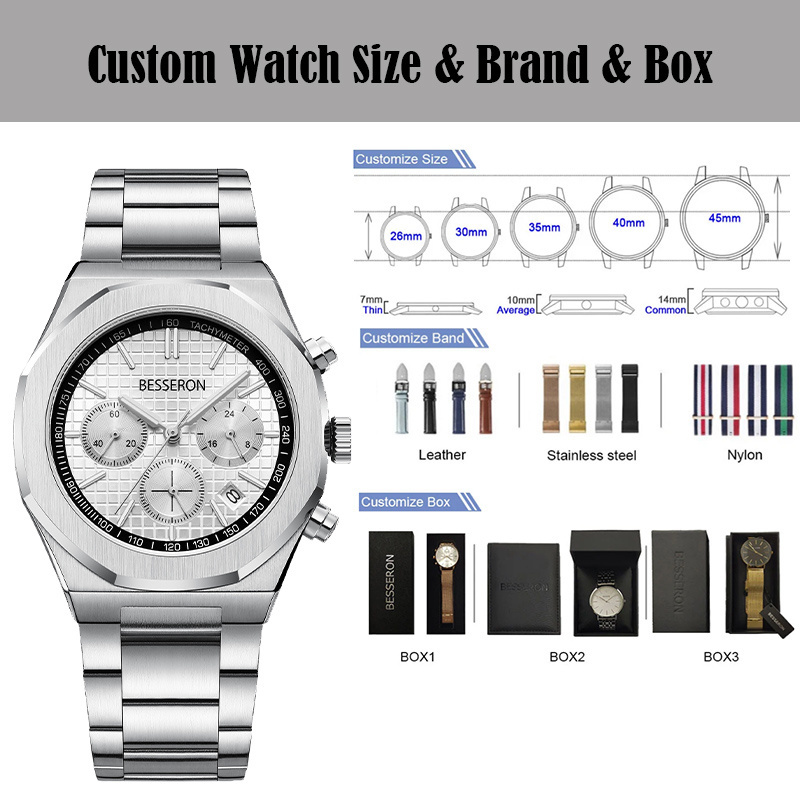 Custom logo watch fashion designs oem logo sport stainless steel chronograph watches for men luxury