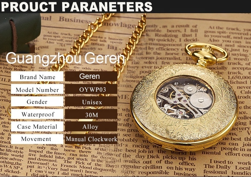 45mm pocket watch customize retro see-through back automatic mechanical watch with stainless steel waist chain