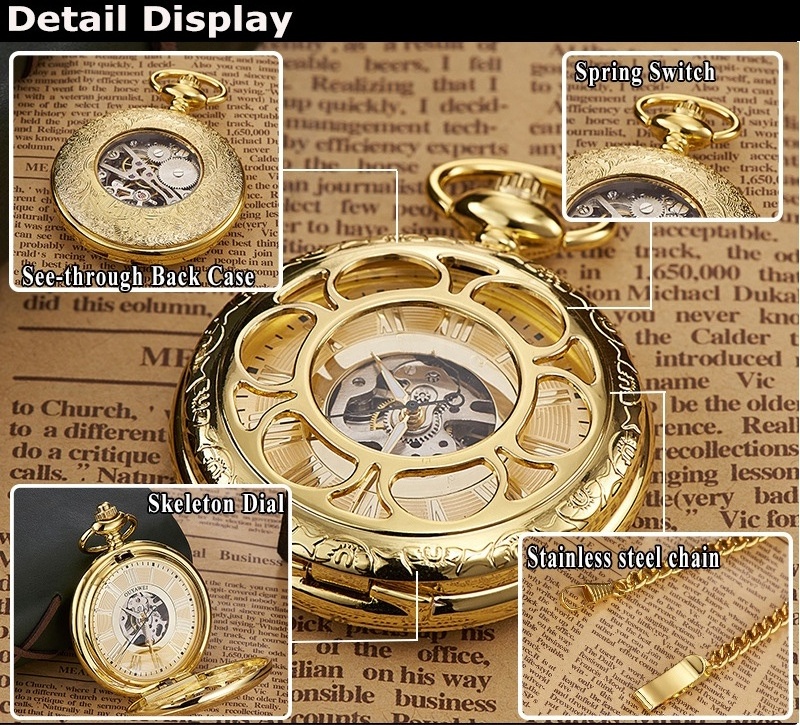 45mm pocket watch customize retro see-through back automatic mechanical watch with stainless steel waist chain