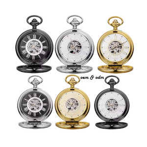 45mm pocket watch customize retro see-through back automatic mechanical watch with stainless steel waist chain