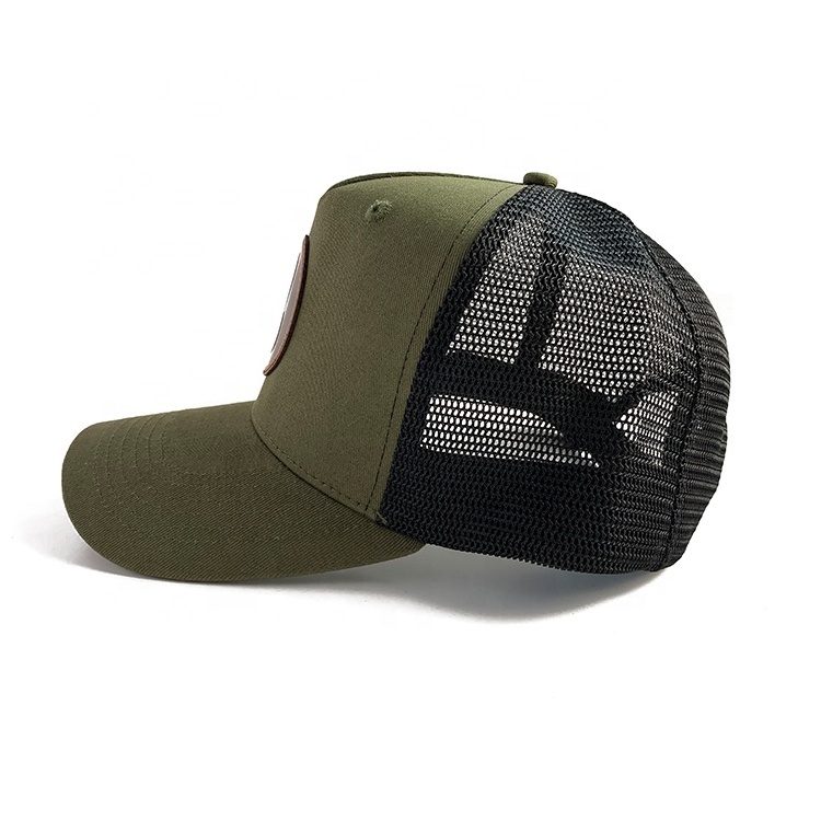 Custom Mens Army Green Mesh Caps Leather Patch Logo 6 Panel 112 Richardson Curved Brim Trucker Hats Wholesale