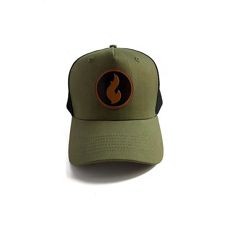 Custom Mens Army Green Mesh Caps Leather Patch Logo 6 Panel 112 Richardson Curved Brim Trucker Hats Wholesale