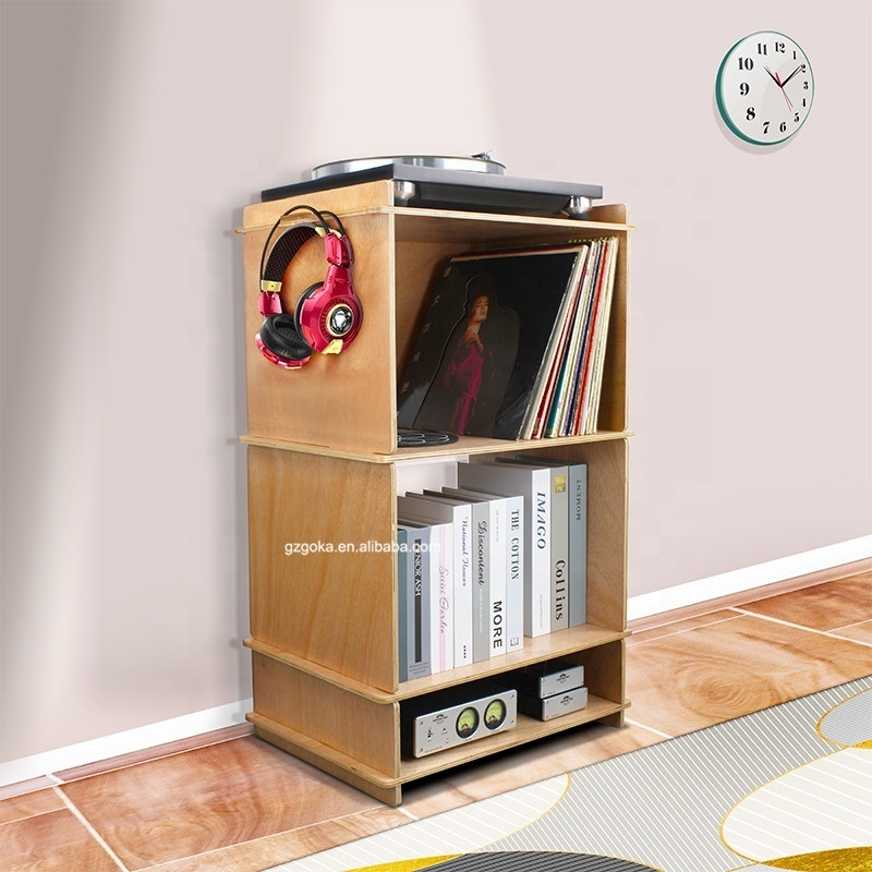 3 IN 1 functional ply-wood turntable record player stand with vinyl records albums storage holder