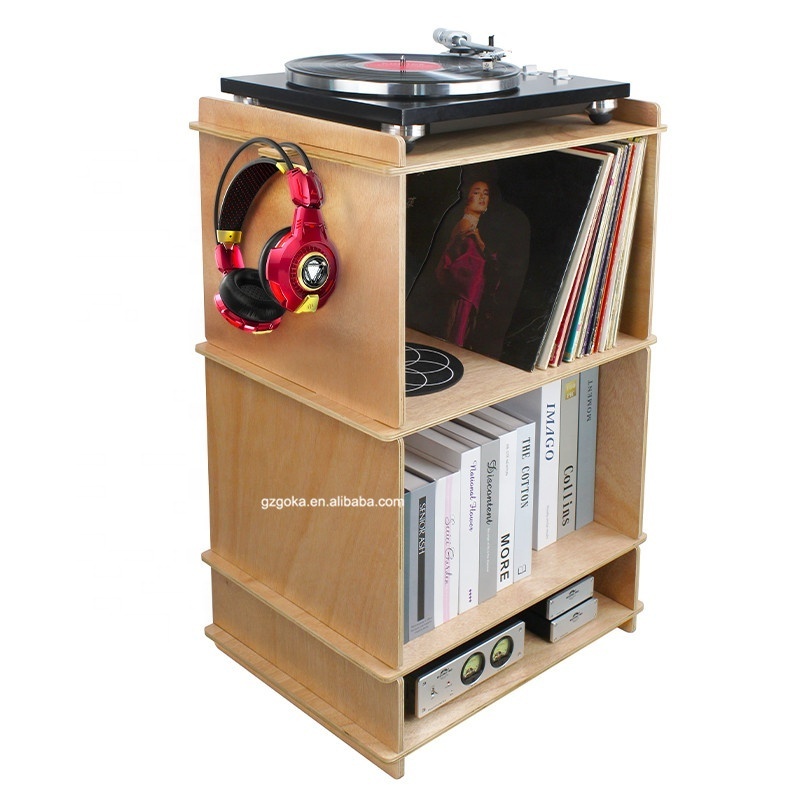 3 IN 1 functional ply-wood turntable record player stand with vinyl records albums storage holder