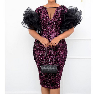 African Dresses For Women Sequins Party Gown Robe Bodycon Midi Sexy Dresses Ruffle Short Sleeve Evening Dress Vestido Mujer 2022