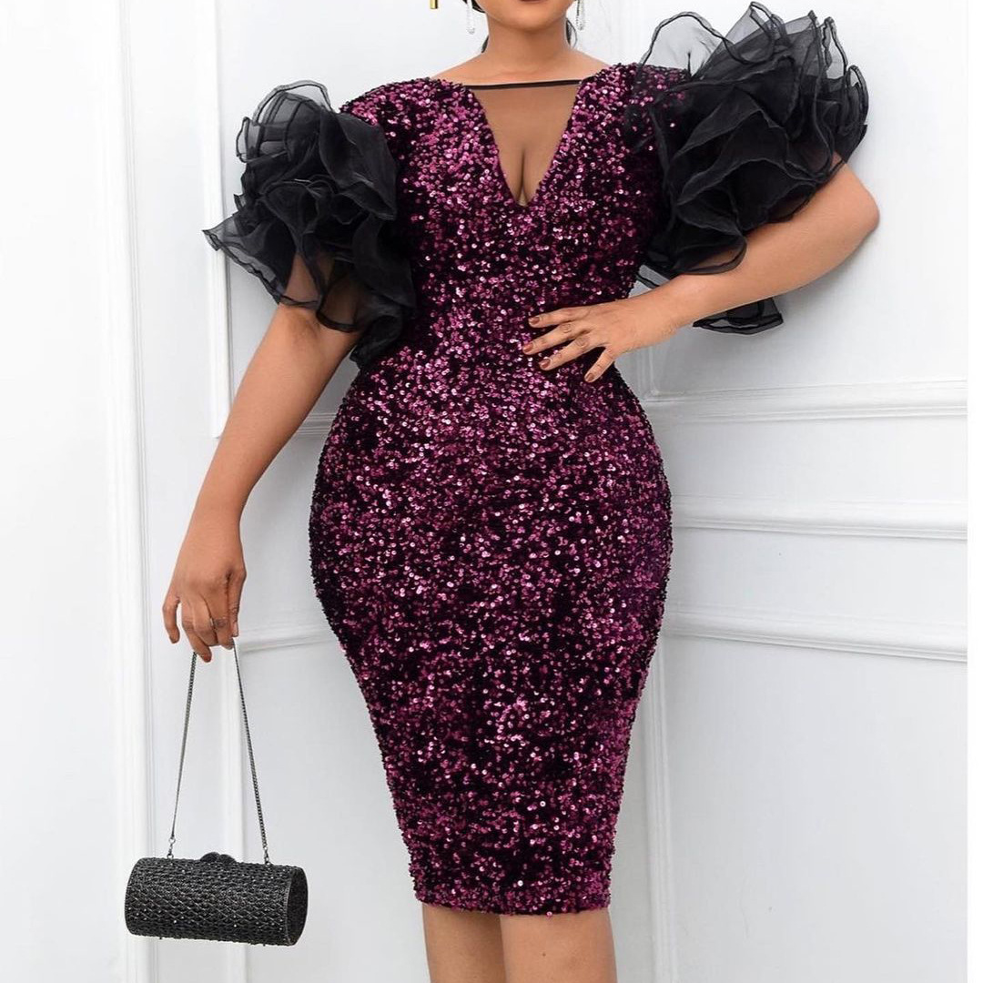 African Dresses For Women Sequins Party Gown Robe Bodycon Midi Sexy Dresses Ruffle Short Sleeve Evening Dress Vestido Mujer 2022